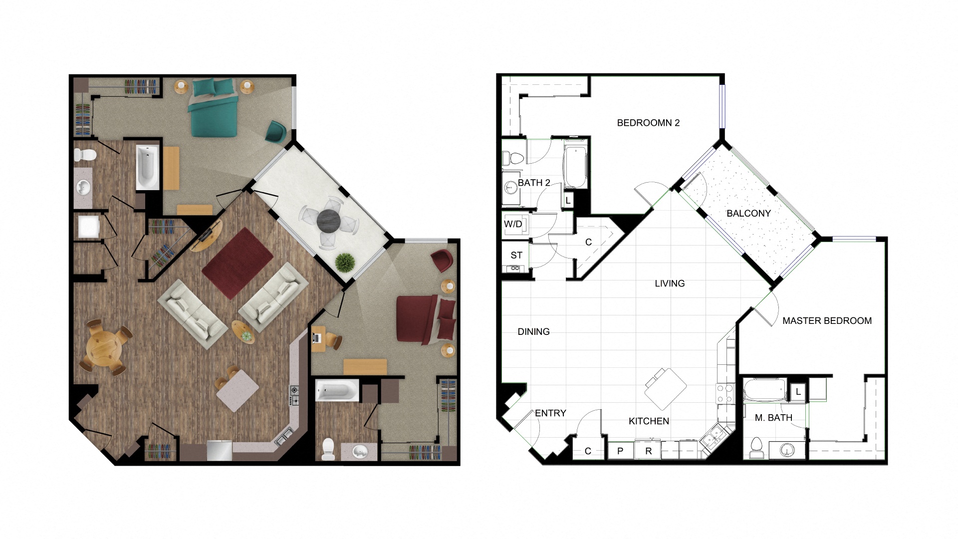 Floor plan for 2 beds, 2 baths, 1740 sqft